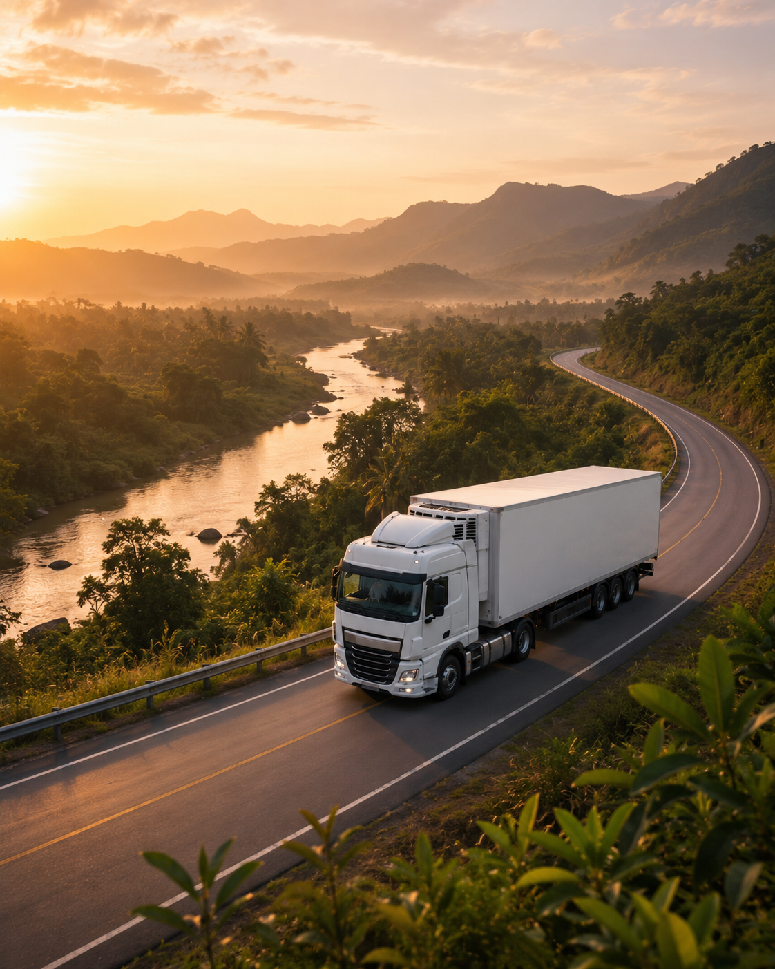 Container truck on regional highway for cargo transport